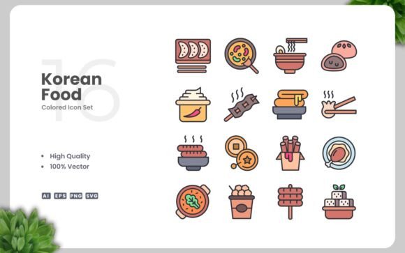 Korean Food Colored Icons for Creative Projects